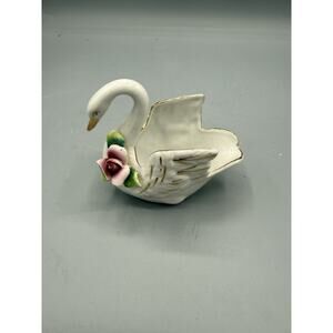 Vintage White Swan Trinket Holder Gold Trim Pink Rose Flower Ceramic